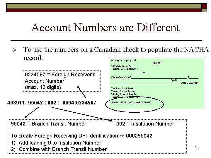 Account Numbers are Different Ø To use the numbers on a Canadian check to