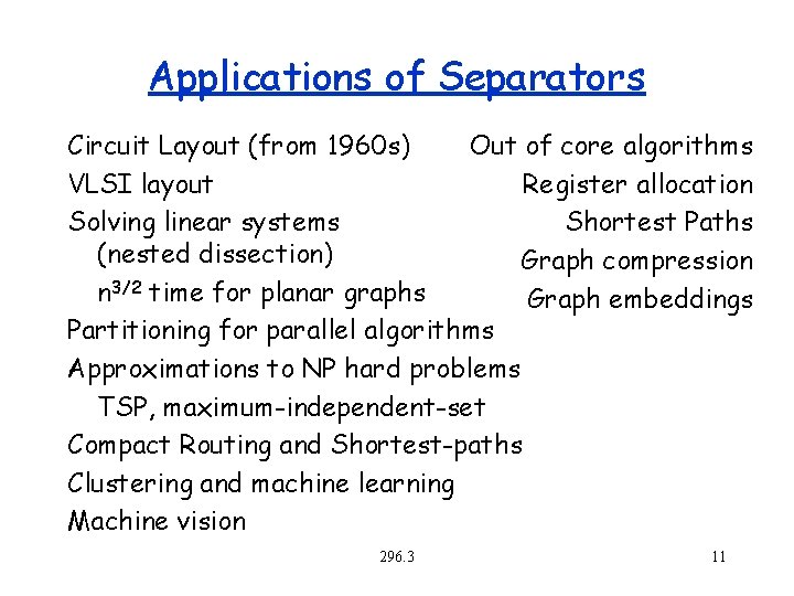 Applications of Separators Circuit Layout (from 1960 s) Out of core algorithms VLSI layout