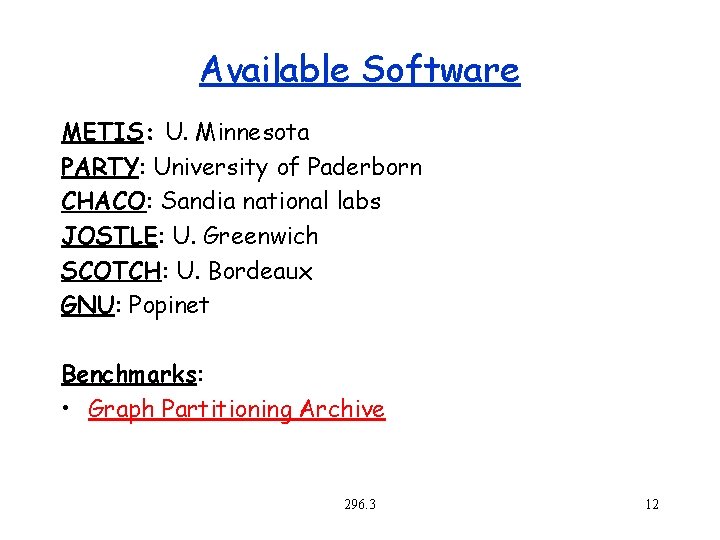 Available Software METIS: U. Minnesota PARTY: University of Paderborn CHACO: Sandia national labs JOSTLE: