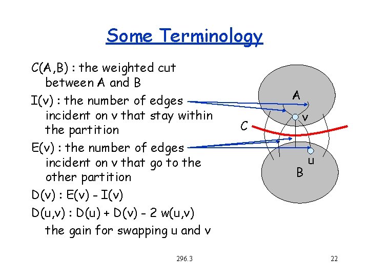 Some Terminology C(A, B) : the weighted cut between A and B I(v) :