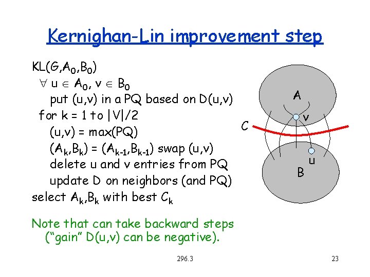 Kernighan-Lin improvement step KL(G, A 0, B 0) u A 0, v B 0