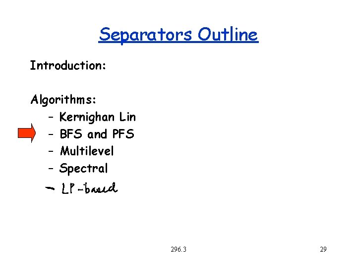 Separators Outline Introduction: Algorithms: – Kernighan Lin – BFS and PFS – Multilevel –