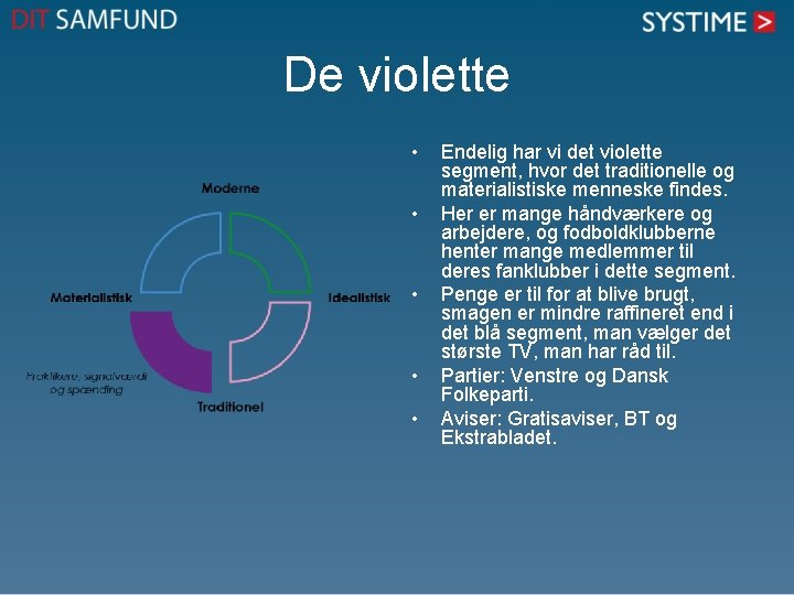 De violette • • • Endelig har vi det violette segment, hvor det traditionelle