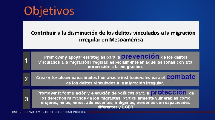 Objetivos Contribuir a la disminución de los delitos vínculados a la migración irregular en