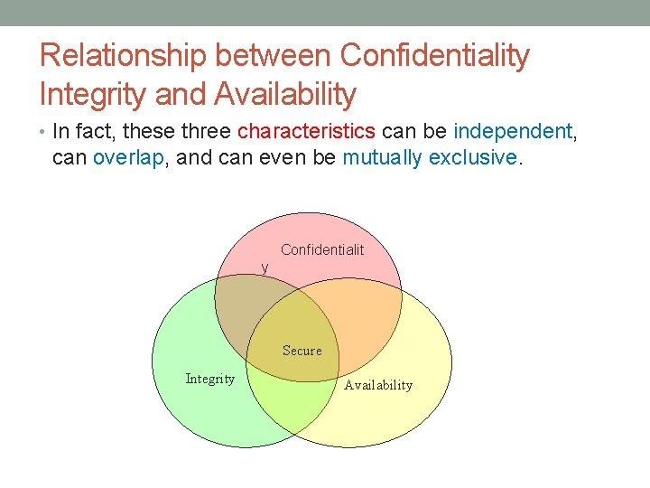 Relationship between Confidentiality Integrity and Availability • In fact, these three characteristics can be