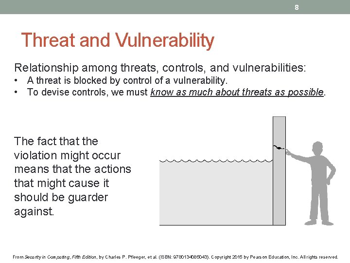 8 Threat and Vulnerability Relationship among threats, controls, and vulnerabilities: • A threat is