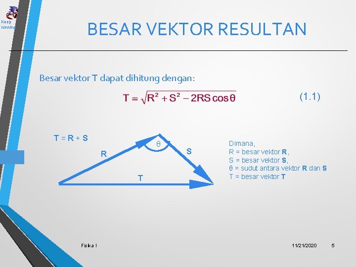 Keep running BESAR VEKTOR RESULTAN Besar vektor T dapat dihitung dengan: (1. 1) T=R+S