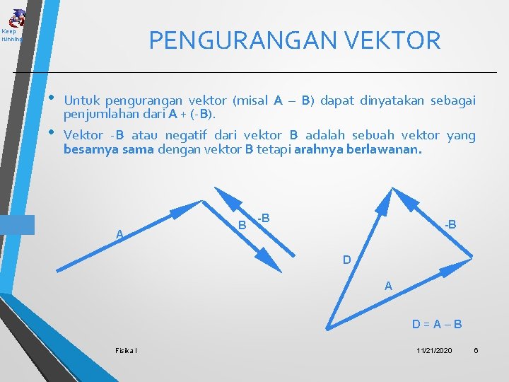 PENGURANGAN VEKTOR Keep running • • Untuk pengurangan vektor (misal A – B) dapat
