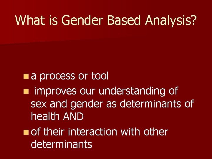 What is Gender Based Analysis? na process or tool n improves our understanding of