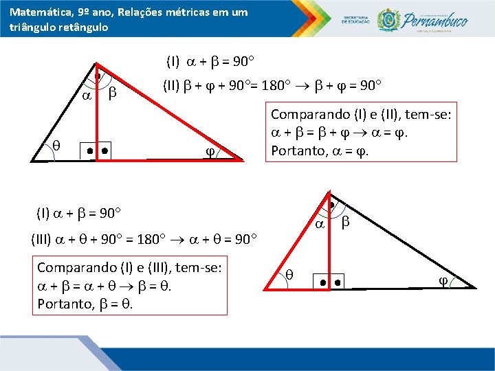 Matemática, 9º ano, Relações métricas em um triângulo retângulo (I) + = 90 (II)