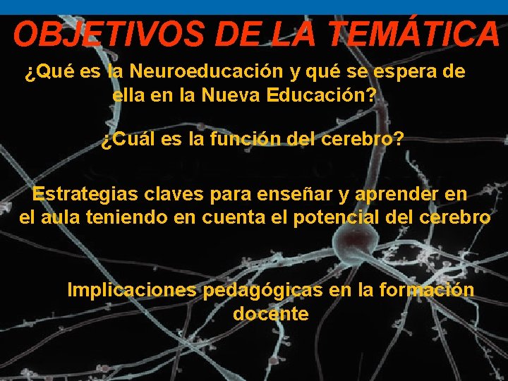 OBJETIVOS DE LA TEMÁTICA ¿Qué es la Neuroeducación y qué se espera de ella OBJETIVOS DE LA TEMÁTICA ¿Qué es la Neuroeducación y qué se espera de ella