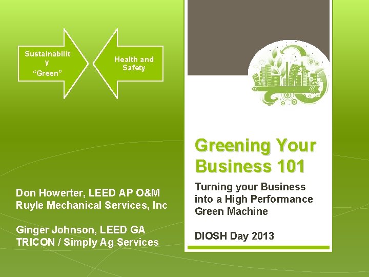 Sustainabilit y “Green” Health and Safety Greening Your Business 101 Don Howerter, LEED AP