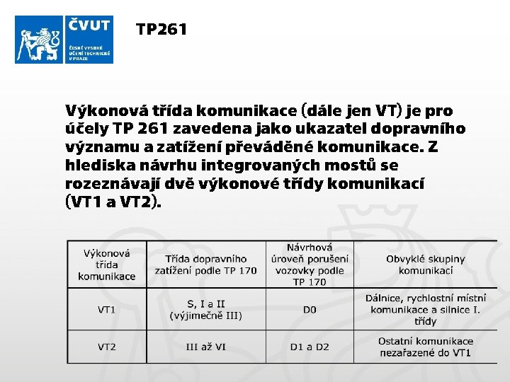 TP 261 Výkonová třída komunikace (dále jen VT) je pro účely TP 261 zavedena