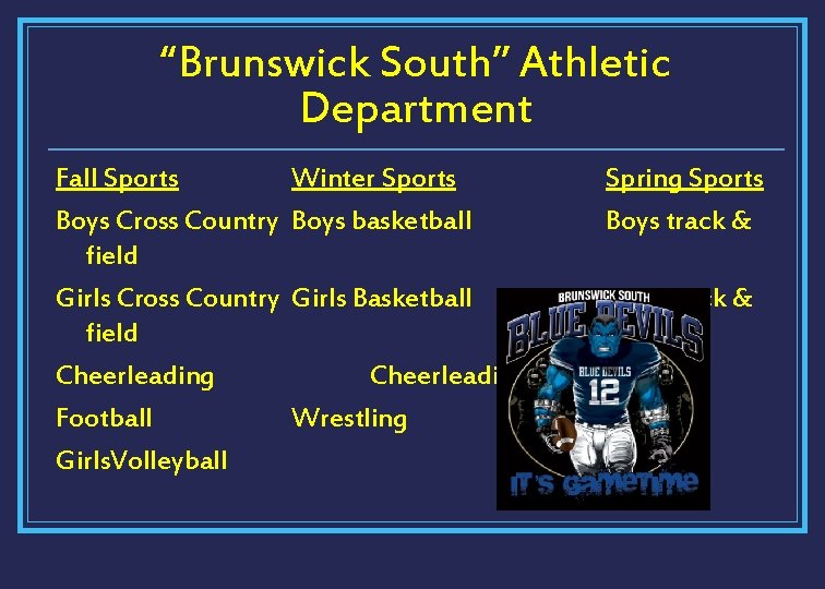 “Brunswick South” Athletic Department Fall Sports Boys Cross Country field Girls Cross Country field
