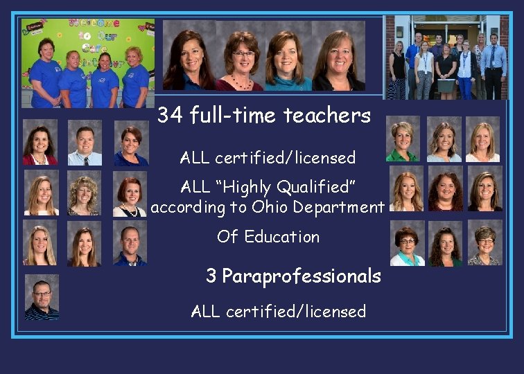 Staff 34 full-time teachers ALL certified/licensed ALL “Highly Qualified” according to Ohio Department Of