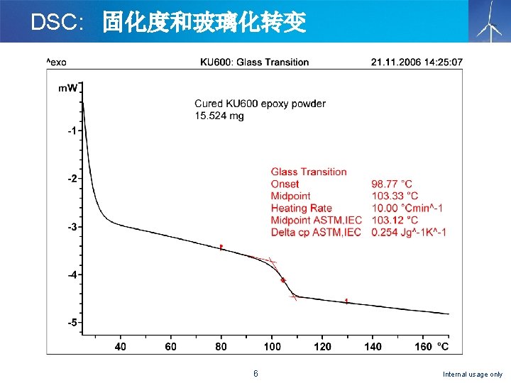 DSC: 固化度和玻璃化转变 6 Internal usage only 