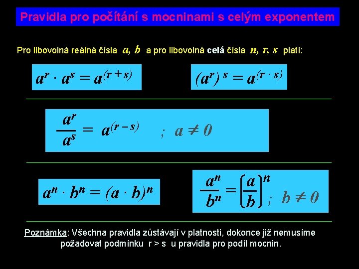 Pravidla pro počítání s mocninami s celým exponentem Pro libovolná reálná čísla a, b