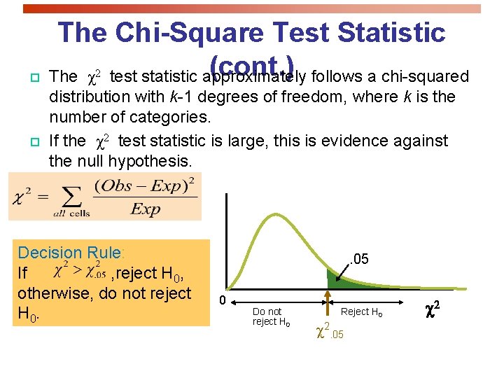 p p The Chi-Square Test Statistic (cont. ) The χ test statistic approximately follows