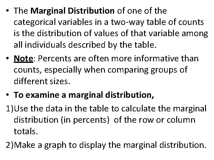  • The Marginal Distribution of one of the categorical variables in a two-way