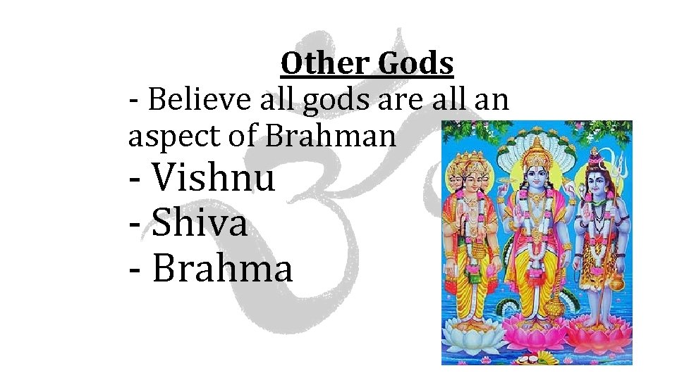 Other Gods - Believe all gods are all an aspect of Brahman - Vishnu
