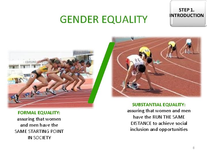 GENDER EQUALITY FORMAL EQUALITY: assuring that women and men have the SAME STARTING POINT