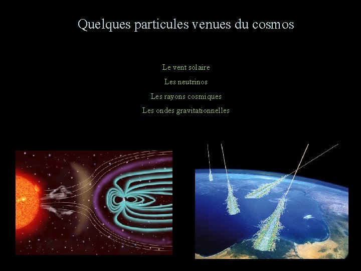 Quelques particules venues du cosmos Le vent solaire Les neutrinos Les rayons cosmiques Les