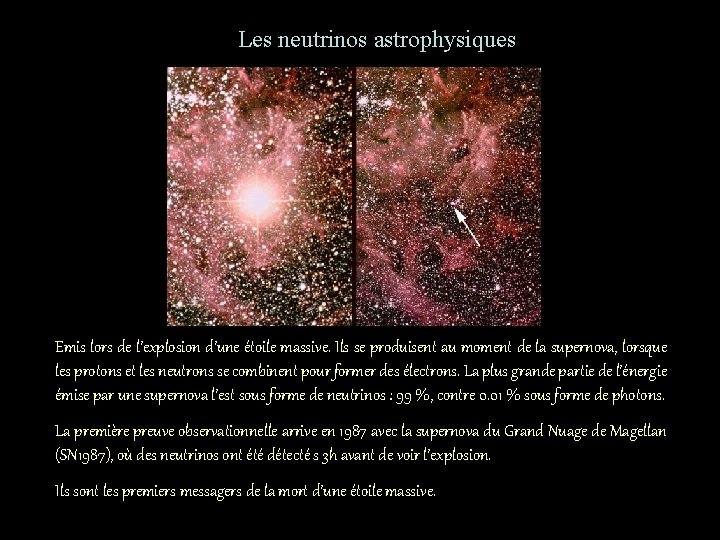 Les neutrinos astrophysiques Emis lors de l’explosion d’une étoile massive. Ils se produisent au