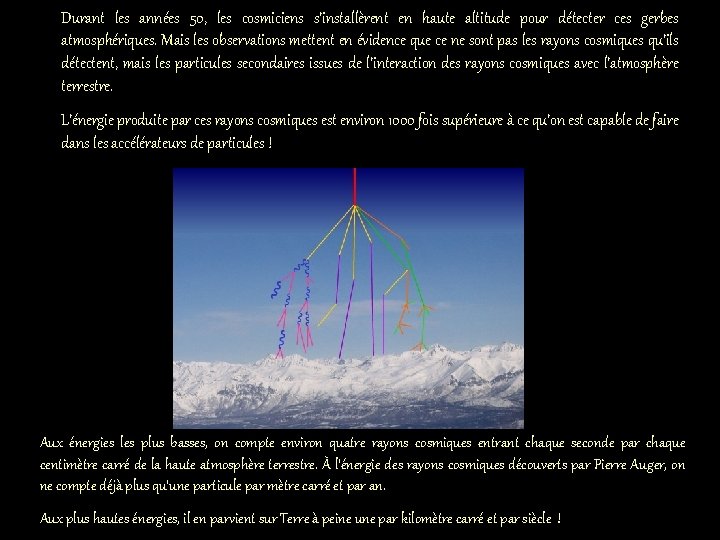 Durant les années 50, les cosmiciens s’installèrent en haute altitude pour détecter ces gerbes