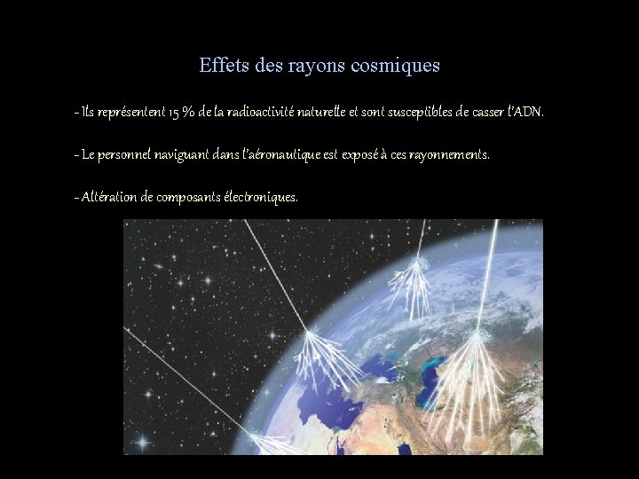 Effets des rayons cosmiques - Ils représentent 15 % de la radioactivité naturelle et