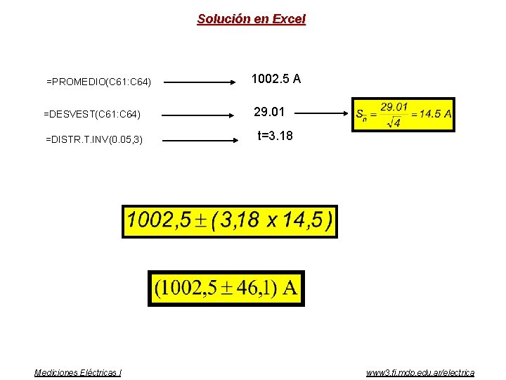 Solución en Excel =PROMEDIO(C 61: C 64) =DESVEST(C 61: C 64) =DISTR. T. INV(0.