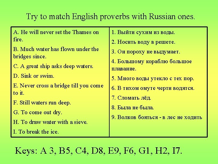  Try to match English proverbs with Russian ones. A. He will never set