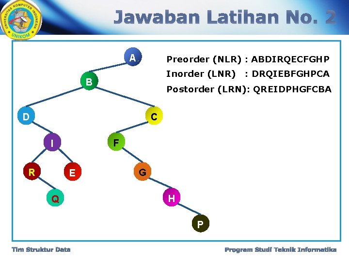 Jawaban Latihan No. 2 A Preorder (NLR) : ABDIRQECFGHP Inorder (LNR) B : DRQIEBFGHPCA