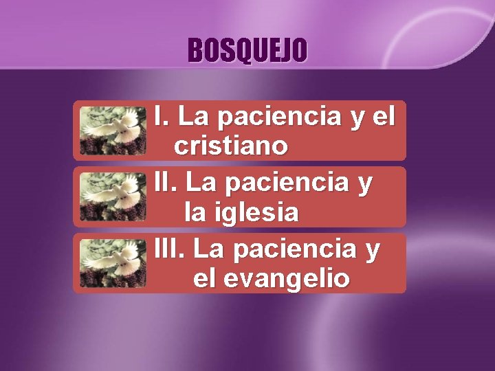 BOSQUEJO I. La paciencia y el cristiano II. La paciencia y la iglesia III. BOSQUEJO I. La paciencia y el cristiano II. La paciencia y la iglesia III.