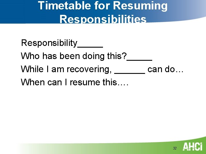 Timetable for Resuming Responsibilities Responsibility_____ Who has been doing this? _____ While I am Timetable for Resuming Responsibilities Responsibility_____ Who has been doing this? _____ While I am