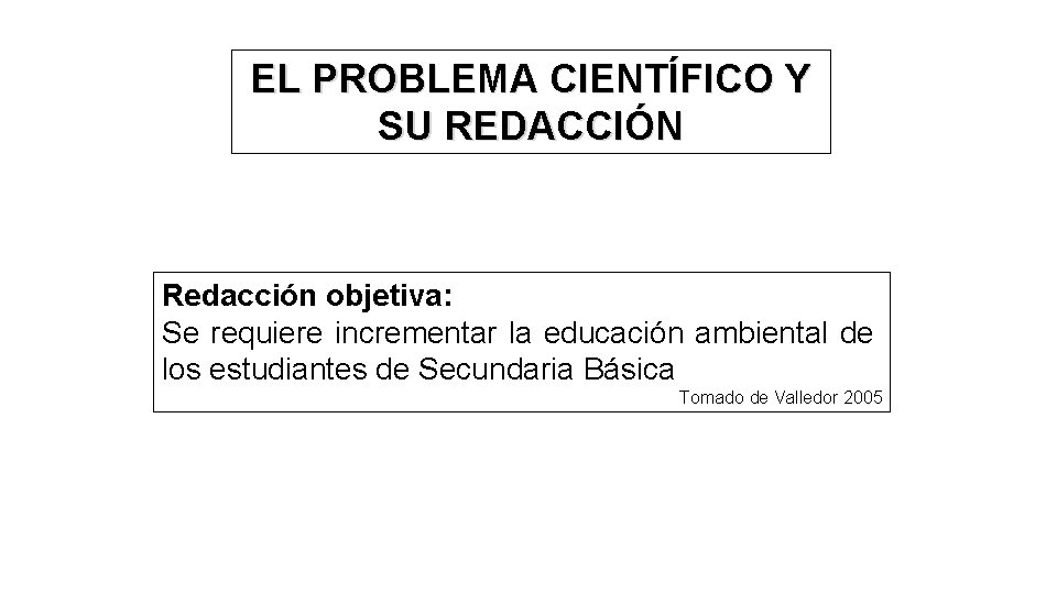 EL PROBLEMA CIENTÍFICO Y SU REDACCIÓN Redacción objetiva: Se requiere incrementar la educación ambiental