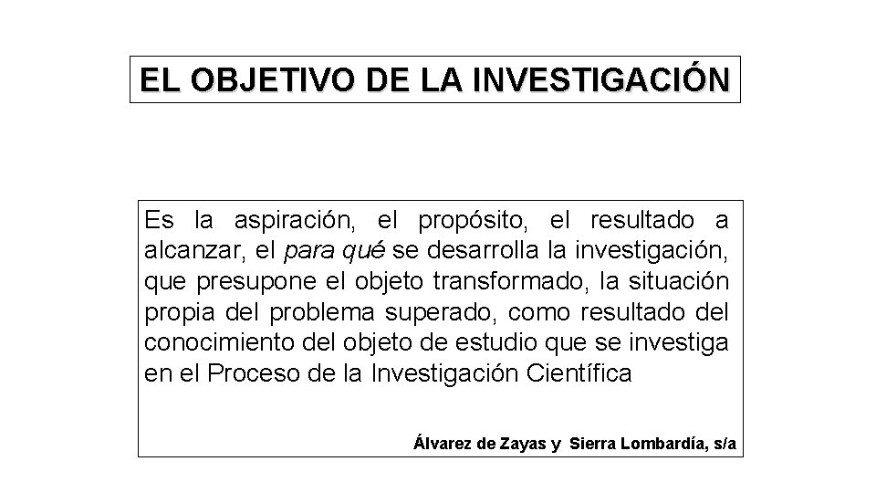 EL OBJETIVO DE LA INVESTIGACIÓN Es la aspiración, el propósito, el resultado a alcanzar,