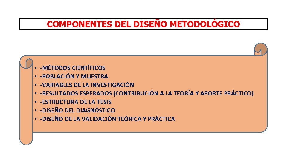 COMPONENTES DEL DISEÑO METODOLÓGICO • • -MÉTODOS CIENTÍFICOS -POBLACIÓN Y MUESTRA -VARIABLES DE LA