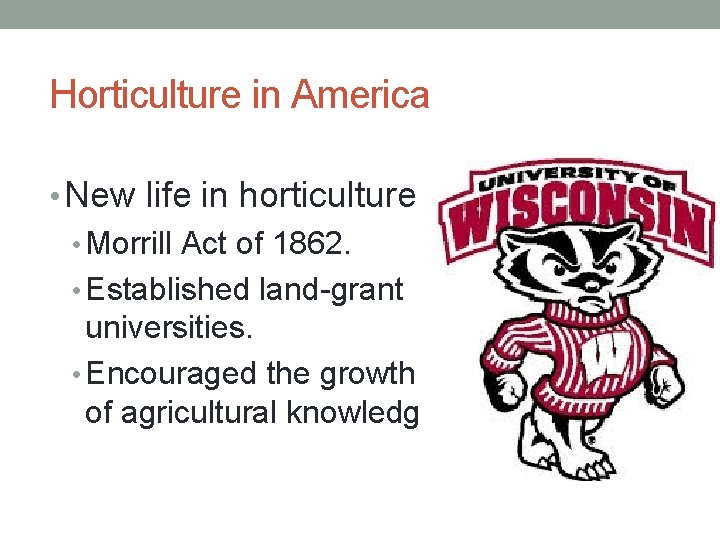 Horticulture in America • New life in horticulture • Morrill Act of 1862. •