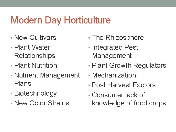 Modern Day Horticulture • New Cultivars • The Rhizosphere • Plant-Water • Integrated Pest