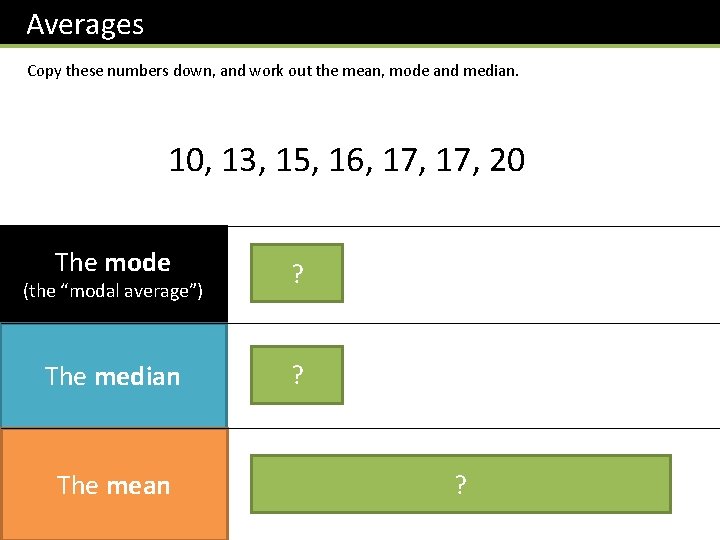 Averages Copy these numbers down, and work out the mean, mode and median. 10,