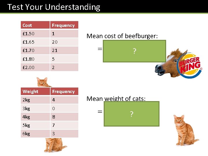 Test Your Understanding Cost Frequency £ 1. 50 1 £ 1. 65 20 £