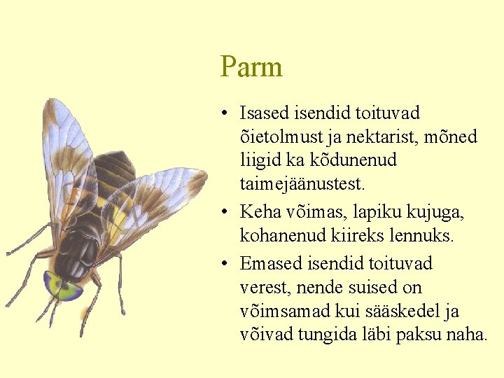 Parm • Isased isendid toituvad õietolmust ja nektarist, mõned liigid ka kõdunenud taimejäänustest. •