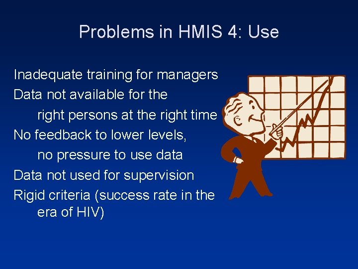 Problems in HMIS 4: Use Inadequate training for managers Data not available for the