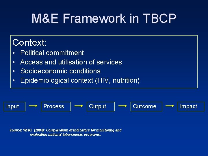 M&E Framework in TBCP Context: • • Input Political commitment Access and utilisation of