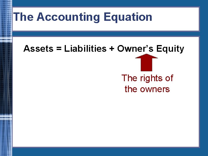 The Accounting Equation Assets = Liabilities + Owner’s Equity The rights of the owners
