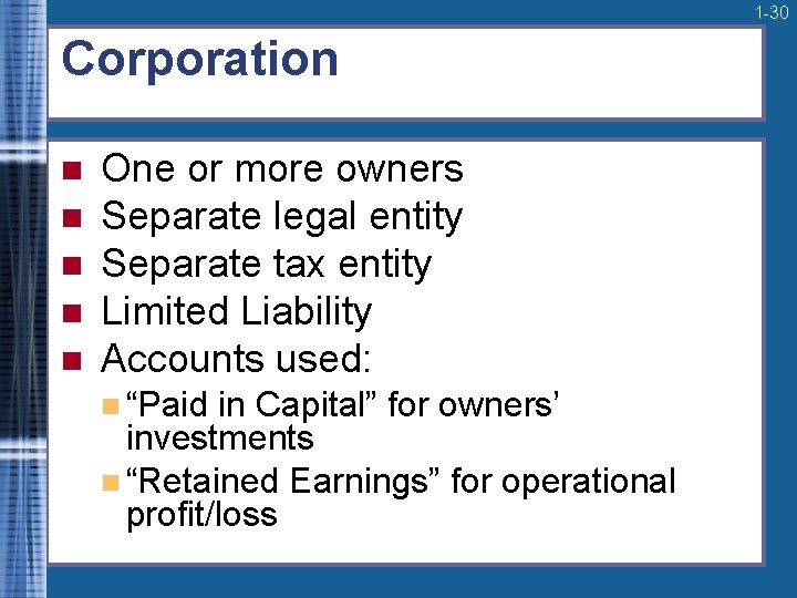 1 -30 Corporation n n One or more owners Separate legal entity Separate tax