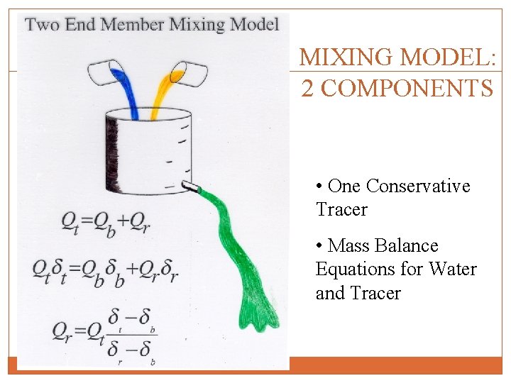 MIXING MODEL: 2 COMPONENTS • One Conservative Tracer • Mass Balance Equations for Water