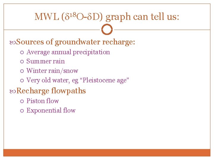 MWL ( 18 O- D) graph can tell us: Sources of groundwater recharge: Average