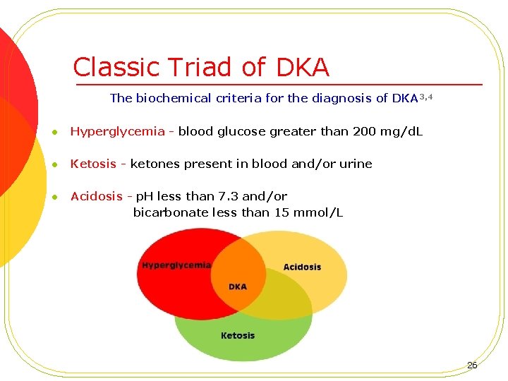 Classic Triad of DKA The biochemical criteria for the diagnosis of DKA 3, 4