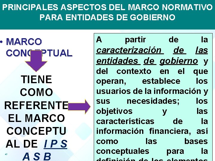 PRINCIPALES ASPECTOS DEL MARCO NORMATIVO PARA ENTIDADES DE GOBIERNO • MARCO CONCEPTUAL TIENE COMO